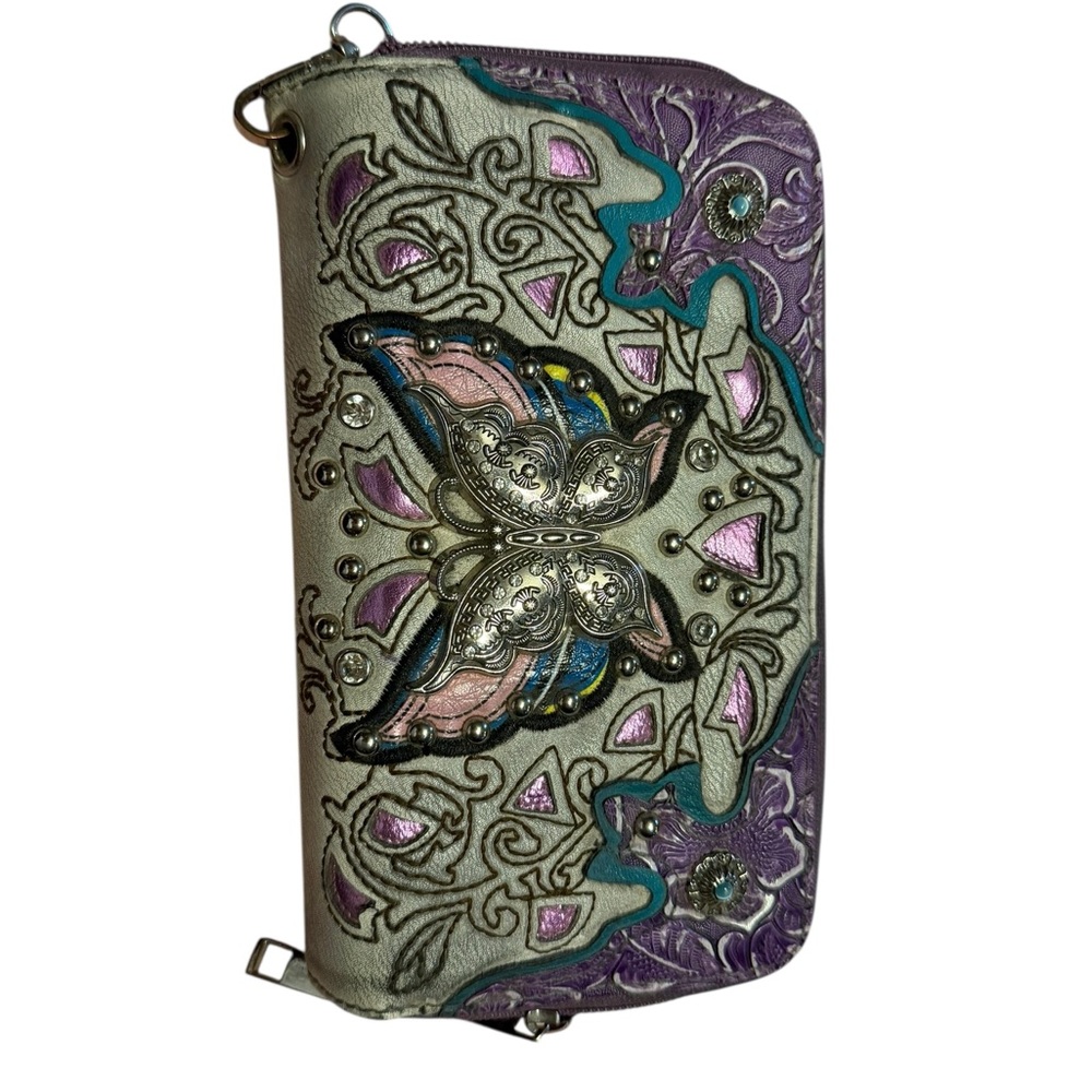 Purple butterfly Colorful and silver Embroidered large double zipper  Wallet